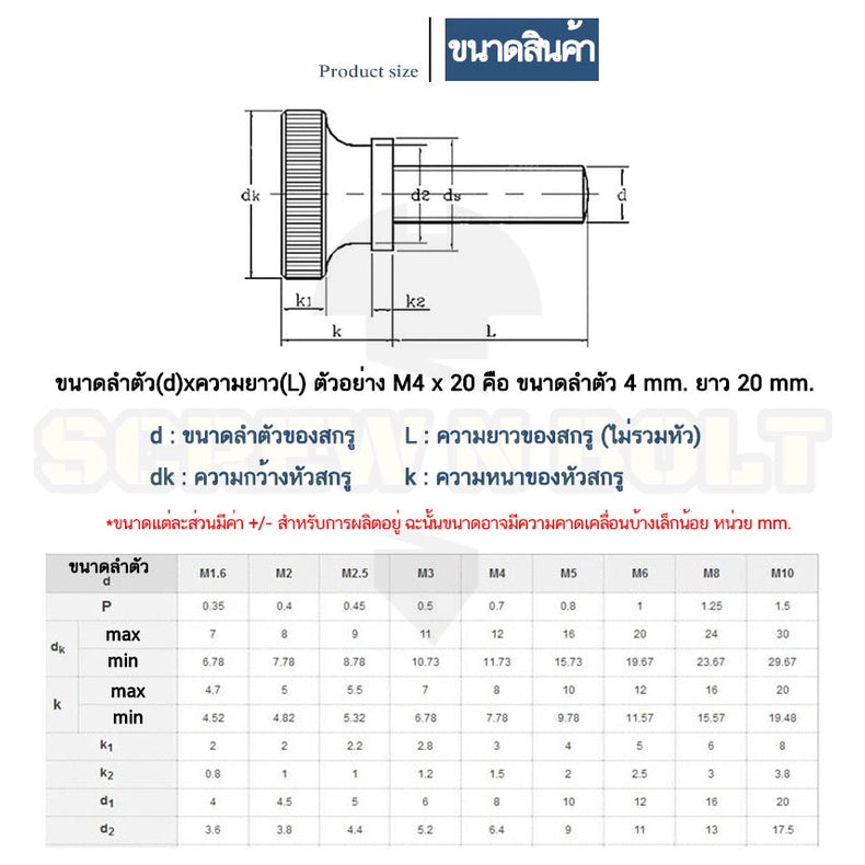 สกรู น็อต ลูกบิด มือจับ มีคอ สแตนเลส 304 เกลียวมิล M4 M5 M6 / Knurled Thumb Screw, SUS304