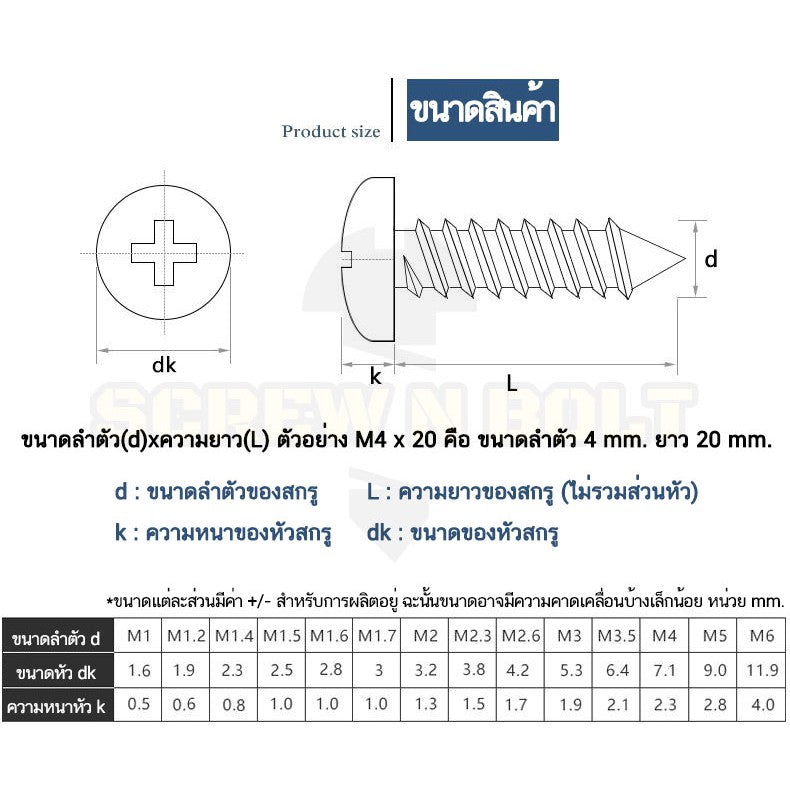 น็อต สกรู หัวกลม แฉก P+ สแตนเลส 304 เกลียวปล่อย M3.5 / Pan Head Phillip Tapping Screw SUS304 M3.5