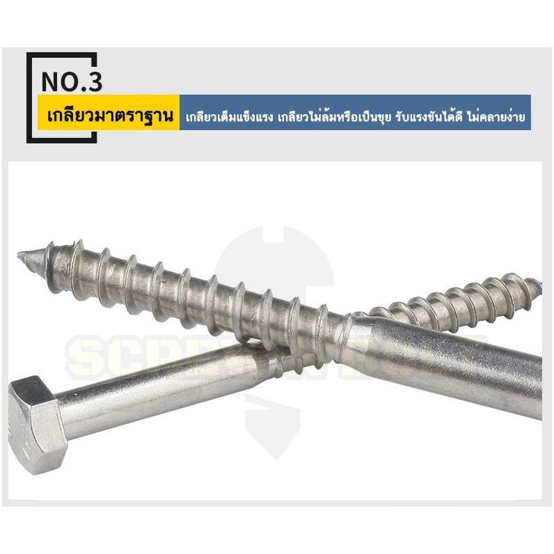 น็อต สกรู หัวเหลี่ยม สกรูงานไม้ ยึดไม้ สแตนเลส 304 เกลียวปล่อย ขันไม้ M6 M8 M10 / Hex Head Wood / Lag Screw
