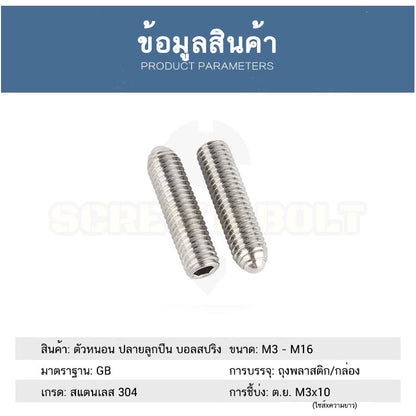 สกรู ตัวหนอน ปลายลูกปืน บอลสปริง หัวกดสปริง สแตนเลส 304 เกลียวมิล M3M4M5M6M8M10M12M14M16 / Ball Spring Plunger, SUS304