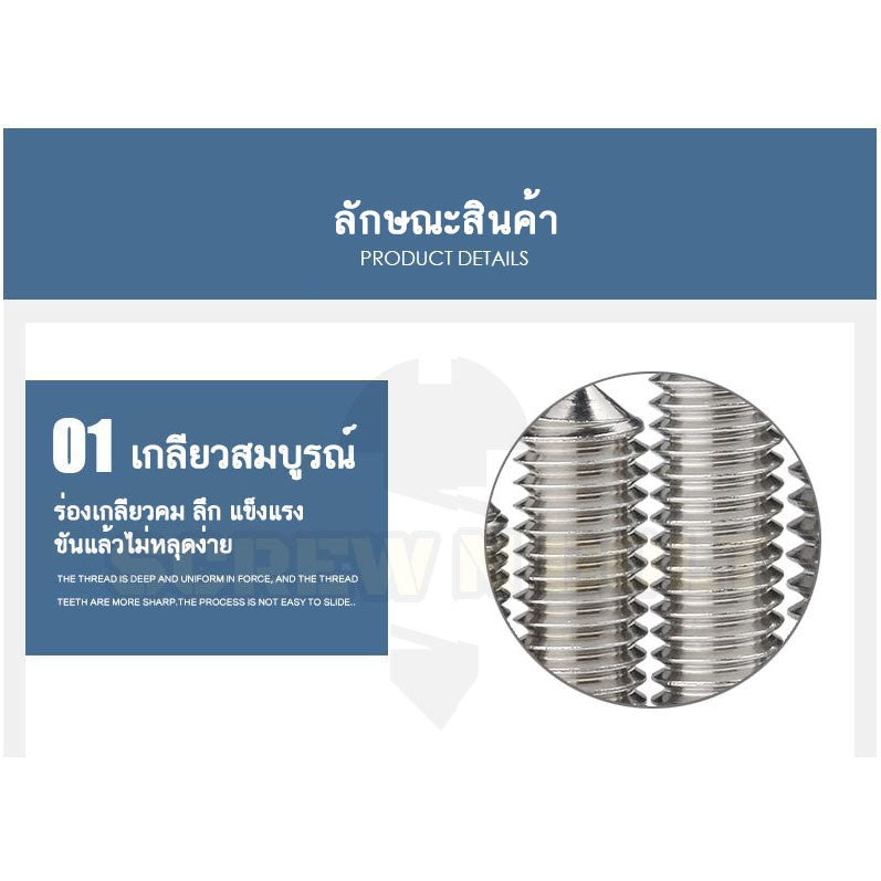 สกรู ตัวหนอน หกเหลี่ยม ปลายแหลม สแตนเลส 304 เกลียวมิล หยาบ M5 M6 M8 / Hex Socket Set Screw w/ Cone Point SUS304 M5 M6 M8