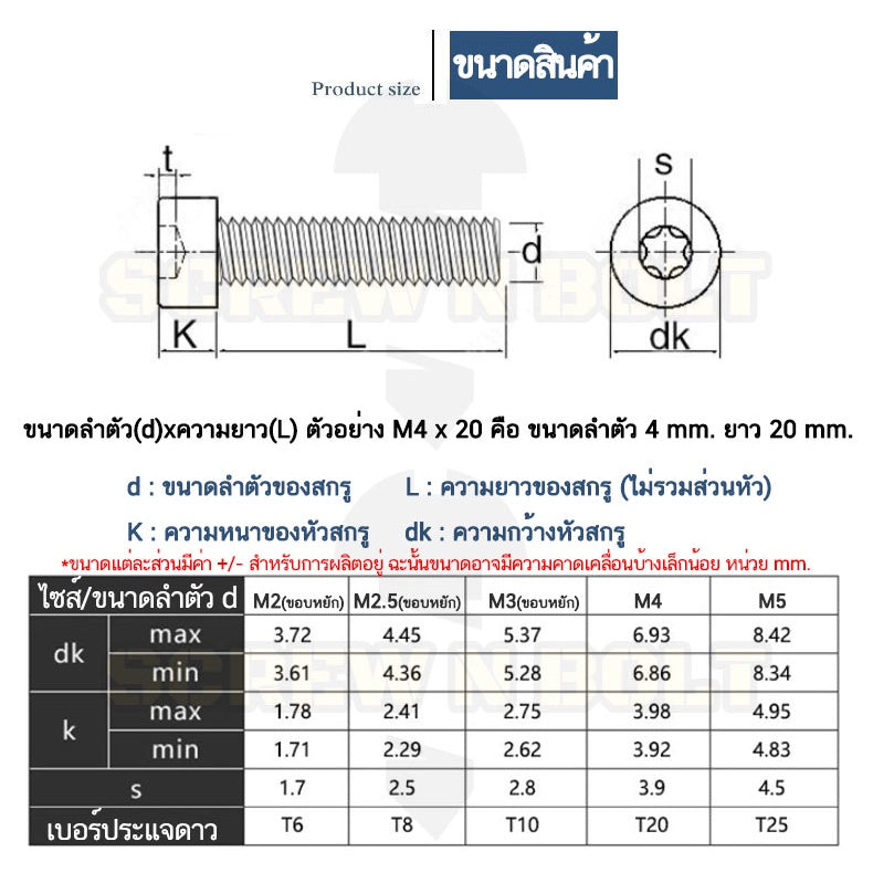 น็อต สกรู หัวจม ช่องขัน ดาว ท็อกซ์ สแตนเลส 304 เกลียวมิล M2 M2.5 M3 M4 M5 / Torx Socket Head Cap Machine Screw SUS304