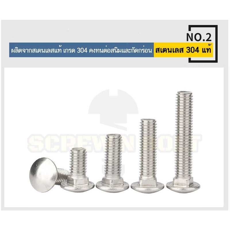 สกรู น็อต หัวกลม คอเหลี่ยม สแตนเลส 304 เกลียวมิล หยาบ M8 M10 M12 / Cup Head Square Neck Bolt, SUS304