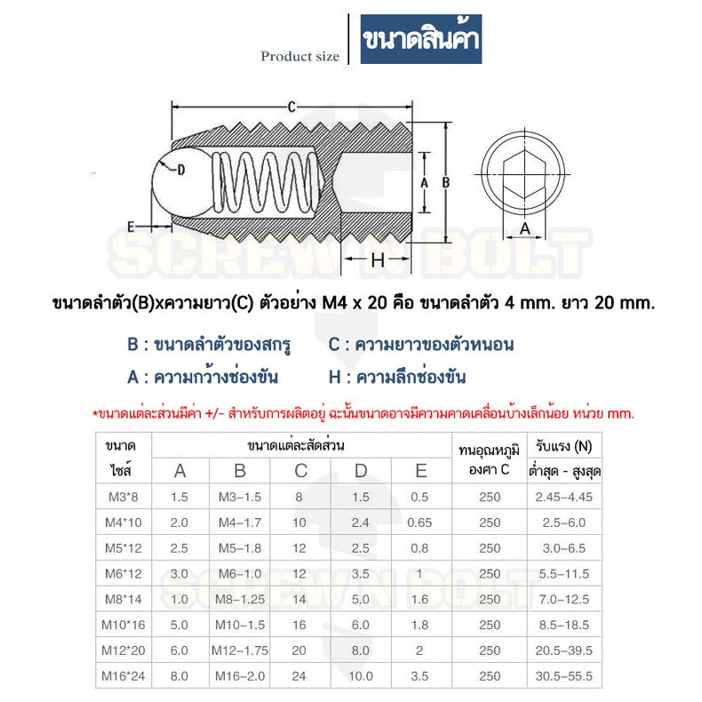 สกรู ตัวหนอน ปลายลูกปืน บอลสปริง หัวกดสปริง เหล็กแข็ง 12.9 เกลียวมิล M16 / Ball Spring Plunger Grade 12.9