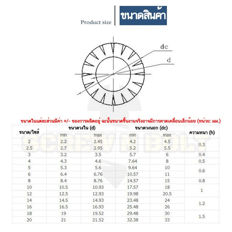 แหวนจักร นอก ถี่นอก กันคลาย สแตนเลส 304 ถี่นอก M3 M4 M5 M6 M8 / External Toothed Lock Washer SUS304 M3 M4 M5 M6 M8