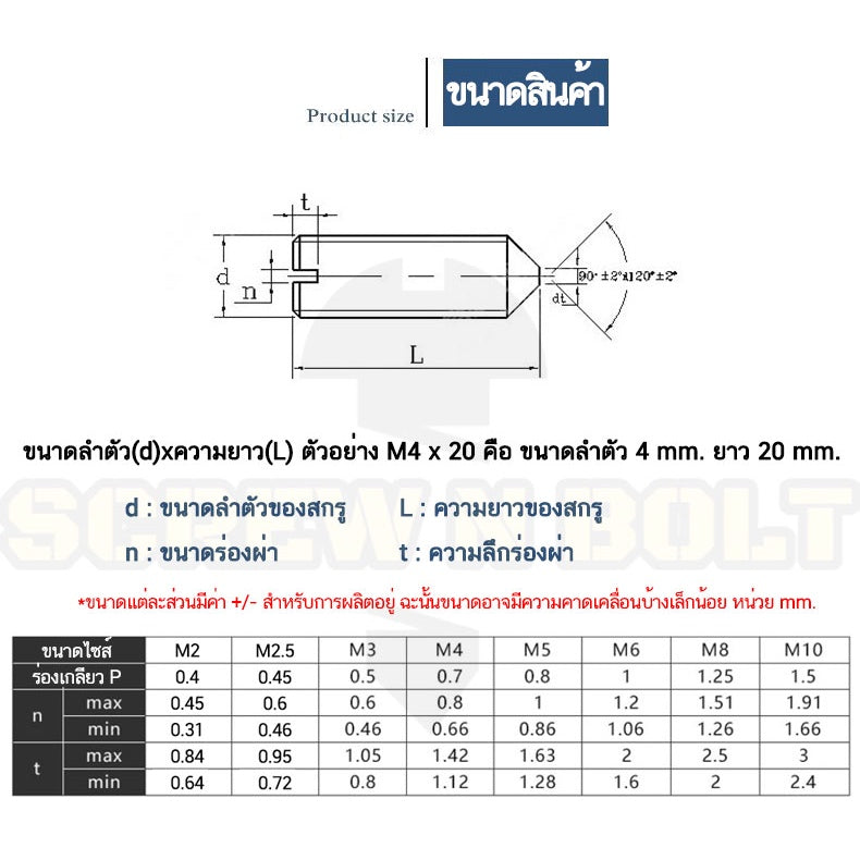 สกรู ตัวหนอน ผ่าหัว ปลายแหลม สแตนเลส 304 เกลียวมิล หยาบ M1.6M2M3M2.5M3M4M5M6M8M10 / Slotted Set Screw w/ Cone Point SUS