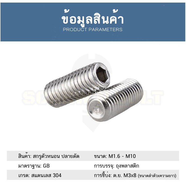 สกรู ตัวหนอน หกเหลี่ยม ปลายตัด สแตนเลส 304 เกลียวมิล หยาบ M6 / Hex Socket Set Screw w/ Cup Point M6