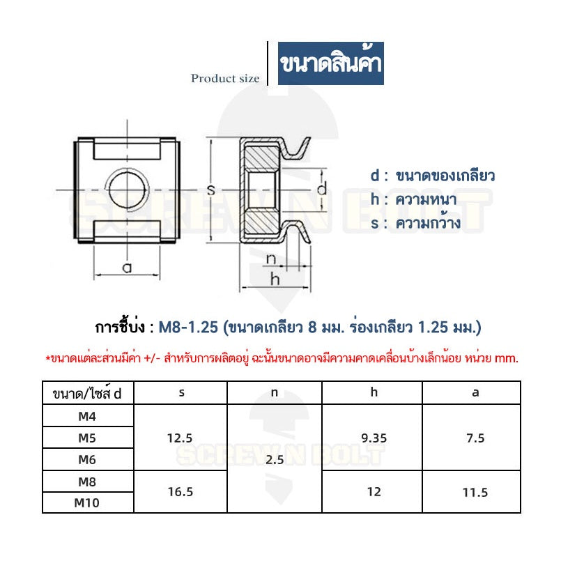 หัวน็อต ตัวเมีย เคจนัท สำหรับแผ่นบอร์ด สแตนเลส 304 เกลียวมิล หยาบ M4 M5 M6 M8 / Cage Nut, SUS304