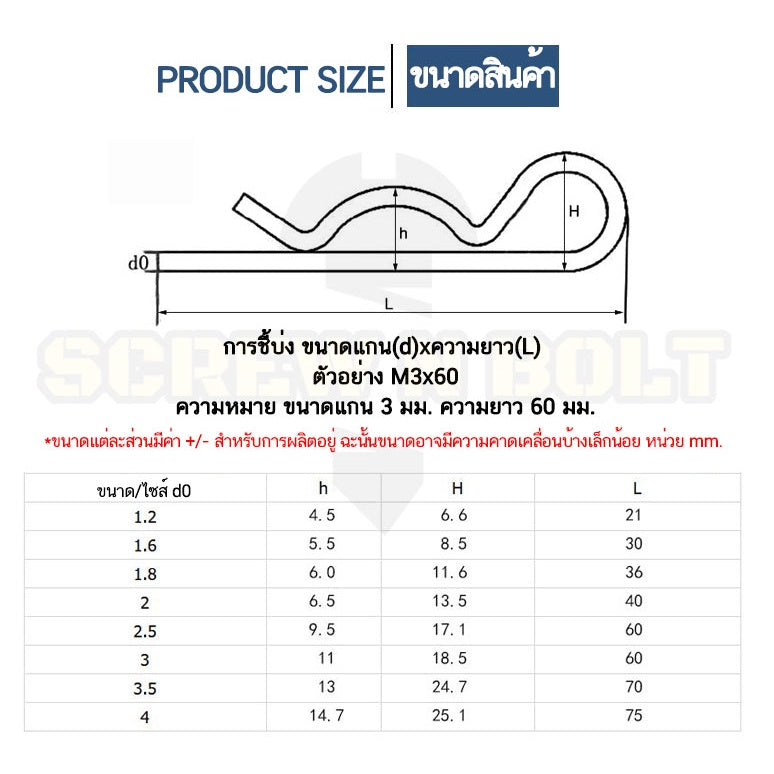 ปิ๊น ตัว R สแตนเลส 304 ปิ้น ตัวอาร์ M1 M2 M2.5 M3 M4 / Hairpin Cotter Snap R Pin SUS304 M1 M2 M2.5 M3 M4