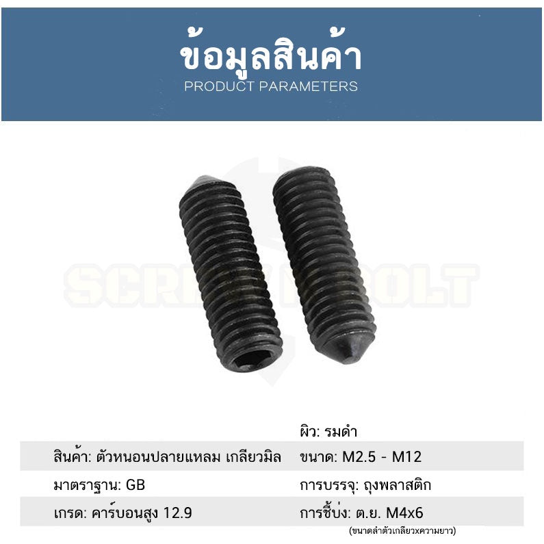 สกรู ตัวหนอน ขัน หกเหลี่ยม ปลายแหลม เหล็กแข็ง 12.9 เกลียวมิล หยาบ M2.5 M3 M4 / Hex Socket Set Screw Cone Point Gr. 12.9