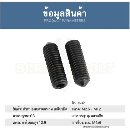 สกรู ตัวหนอน ขัน หกเหลี่ยม ปลายแหลม เหล็กแข็ง 12.9 เกลียวมิล หยาบ M2.5 M3 M4 / Hex Socket Set Screw Cone Point Gr. 12.9
