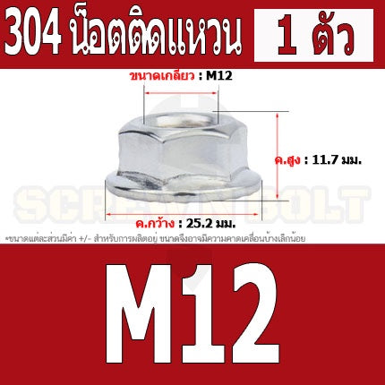 หัวน็อต ตัวเมีย ติดแหวน สแตนเลส 304 เกลียวมิล หยาบ M12 M14 M16 / Hexagon Flange Nut /w Serration SUS304 M12 M14 M16
