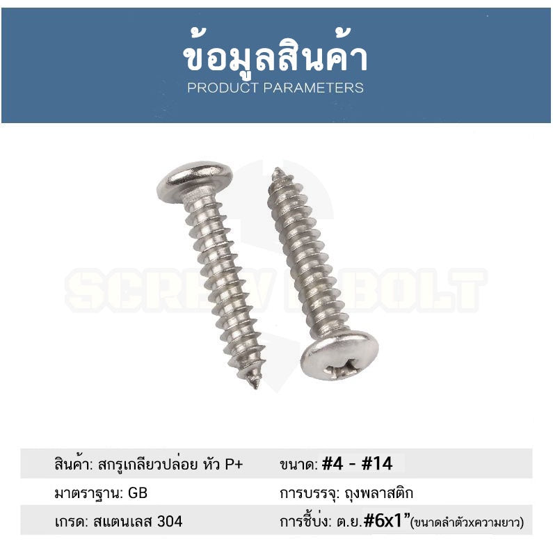 น็อต สกรู หัวกลม หัวแพน แฉก P+ สแตนเลส 304 เกลียวปล่อย ปลายแหลม #10 / Pan Head Phillip Tapping Screw SUS304 #10