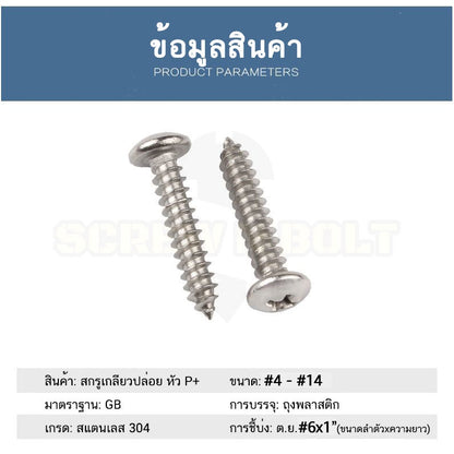 น็อต สกรู หัวกลม หัวแพน แฉก P+ สแตนเลส 304 เกลียวปล่อย ปลายแหลม #12 / Pan Head Phillip Tapping Screw SUS304 #12