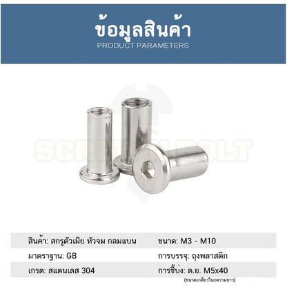 สกรูตัวเมีย เกลียวใน หัวจม กลมแบน งานเฟอร์ สแตนเลส 304 เกลียวมิล หยาบ M3 M4 M5 / Round Flat Socket Insert Nut SUS304