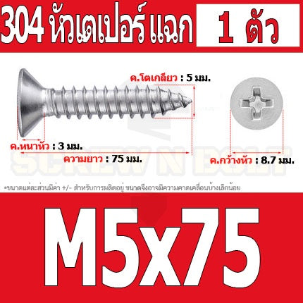 น็อต สกรู หัวเตเปอร์ แฉก F+ สแตนเลส 304 เกลียวปล่อย M5 / Flat Head Phillip Tapping Screw SUS304 M5