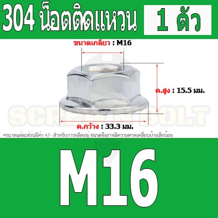 หัวน็อต ตัวเมีย ติดแหวน สแตนเลส 304 เกลียวมิล หยาบ M12 M14 M16 / Hexagon Flange Nut /w Serration SUS304 M12 M14 M16