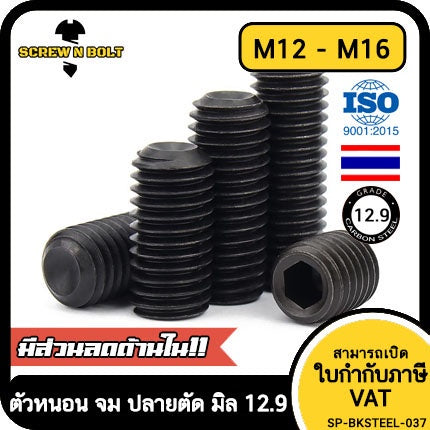 สกรู ตัวหนอน ขัน หกเหลี่ยม ปลายตัด เหล็กแข็ง 12.9 เกลียวมิล หยาบ M12 M14 M16 / Hex Socket Set Screw Cup Point Gr. 12.9