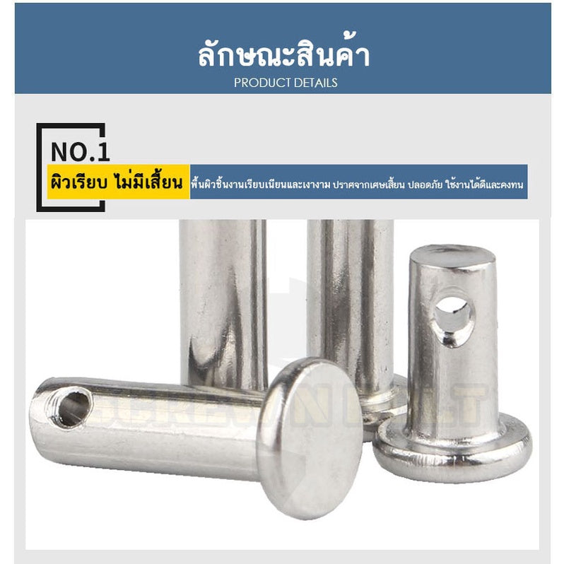 หมุดพิน ปิ๊น สลัก หัวกลมแบน สแตนเลส 304 แถมปิ้นเสียบ M16 M18 M20 / Clevis Pin w/ Cotter Pin SUS304 M16 M18 M20