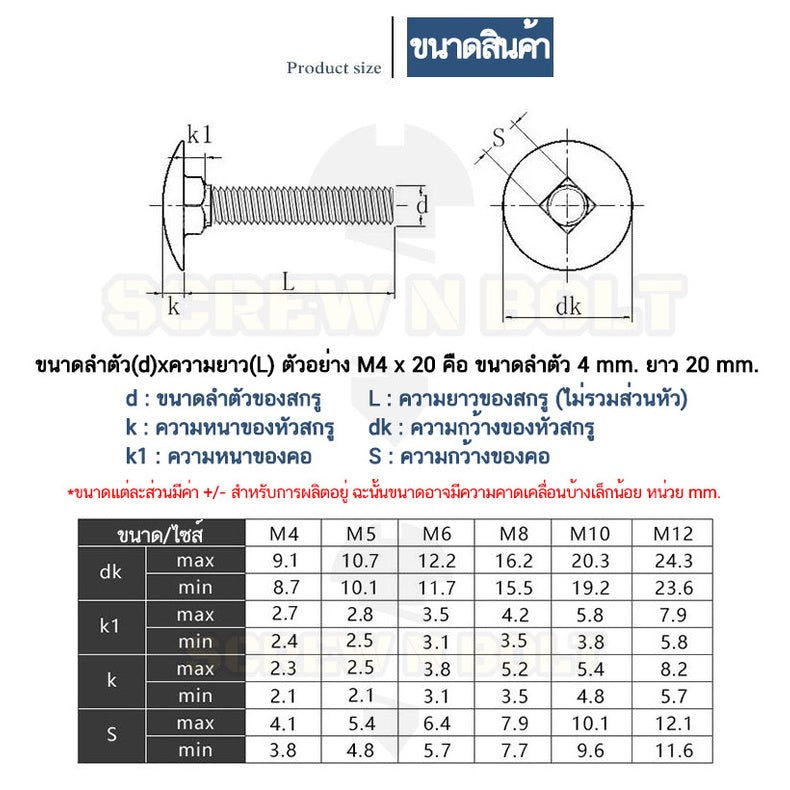 สกรู น็อต หัวกลม คอเหลี่ยม สแตนเลส 304 เกลียวมิล หยาบ M8 M10 M12 / Cup Head Square Neck Bolt, SUS304