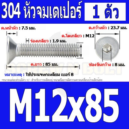 น็อต สกรู หัวจม เตเปอร์ สแตนเลส 304 เกลียวมิล หยาบ M12 / Flat Head Hexagon Socket Machine Screw SUS304 M12