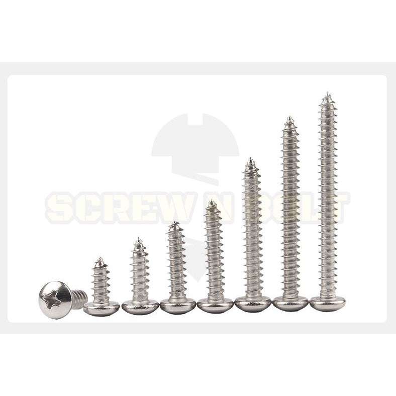 น็อต สกรู หัวกลม หัวแพน แฉก P+ สแตนเลส 304 เกลียวปล่อย ปลายแหลม #7 / Pan Head Phillip Tapping Screw SUS304 #7