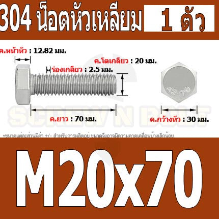 น็อต สกรู หัว 6 เหลี่ยม โบลท์ สแตนเลส 304 เกลียวมิล ตลอด หยาบ M20 / Hexagon Head Screw/Bolt Full Thread SUS304 M20
