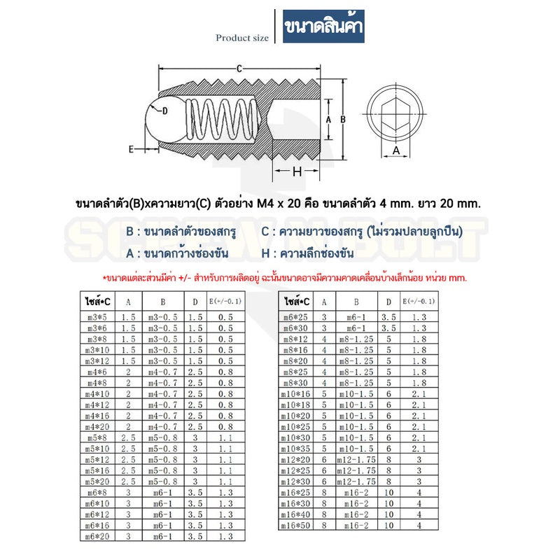 สกรู ตัวหนอน ปลายลูกปืน บอลสปริง หัวกดสปริง สแตนเลส 304 เกลียวมิล M3M4M5M6M8M10M12M14M16 / Ball Spring Plunger, SUS304