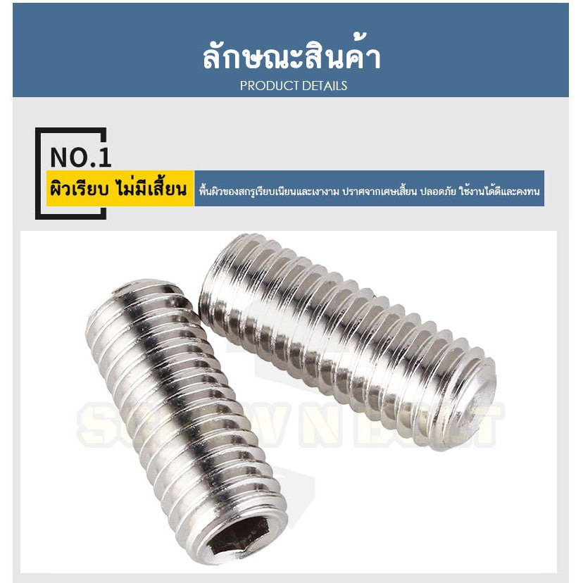 สกรู ตัวหนอน หกเหลี่ยม ปลายตัด สแตนเลส 304 เกลียวมิล หยาบ M10 / Hex Socket Set Screw w/ Cup Point M10