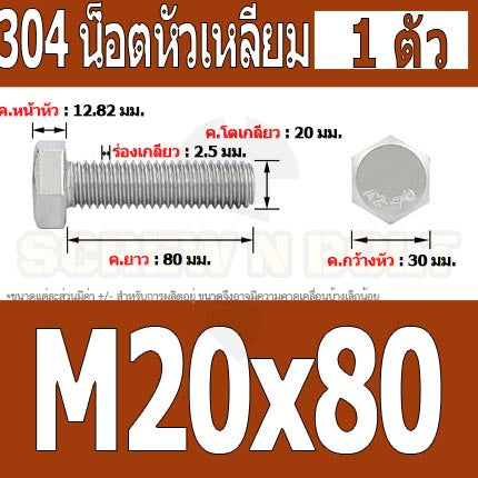 น็อต สกรู หัว 6 เหลี่ยม โบลท์ สแตนเลส 304 เกลียวมิล ตลอด หยาบ M20 / Hexagon Head Screw/Bolt Full Thread SUS304 M20