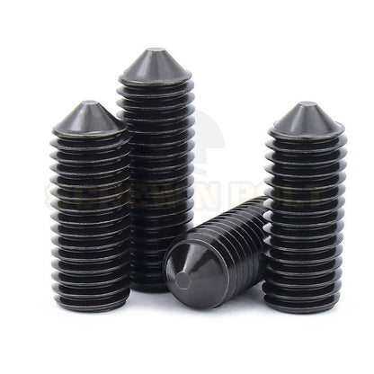 สกรู ตัวหนอน ขัน หกเหลี่ยม ปลายแหลม เหล็กแข็ง 12.9 เกลียวมิล หยาบ M10 M12 / Hex Socket Set Screw Cone Point Gr. 12.9