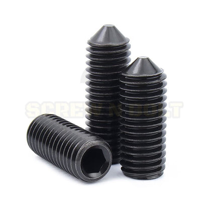 สกรู ตัวหนอน ขัน หกเหลี่ยม ปลายแหลม เหล็กแข็ง 12.9 เกลียวมิล หยาบ M2.5 M3 M4 / Hex Socket Set Screw Cone Point Gr. 12.9