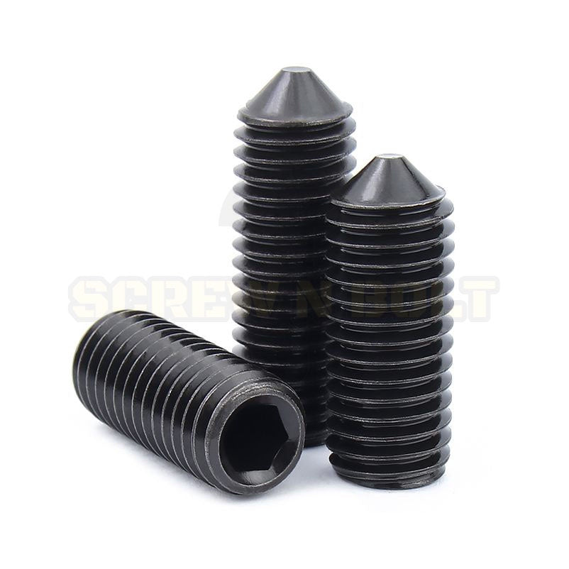 สกรู ตัวหนอน ขัน หกเหลี่ยม ปลายแหลม เหล็กแข็ง 12.9 เกลียวมิล หยาบ M10 M12 / Hex Socket Set Screw Cone Point Gr. 12.9