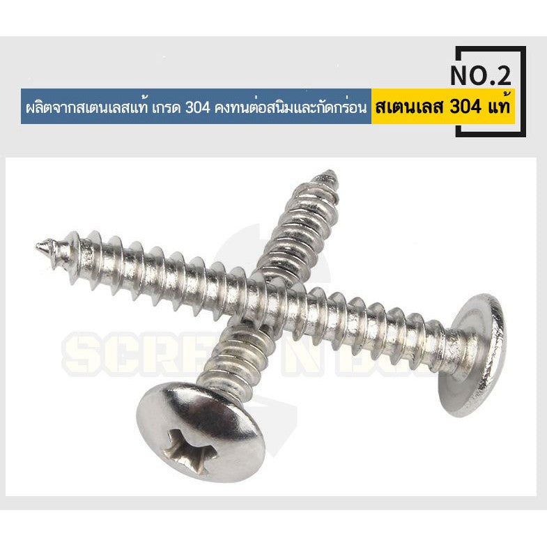 น็อต สกรู หัวร่ม หัวกระทะ แฉก T+ สแตนเลส 304 เกลียวปล่อย M6 / Truss an Head Phillip Tapping Screw SUS304 M6