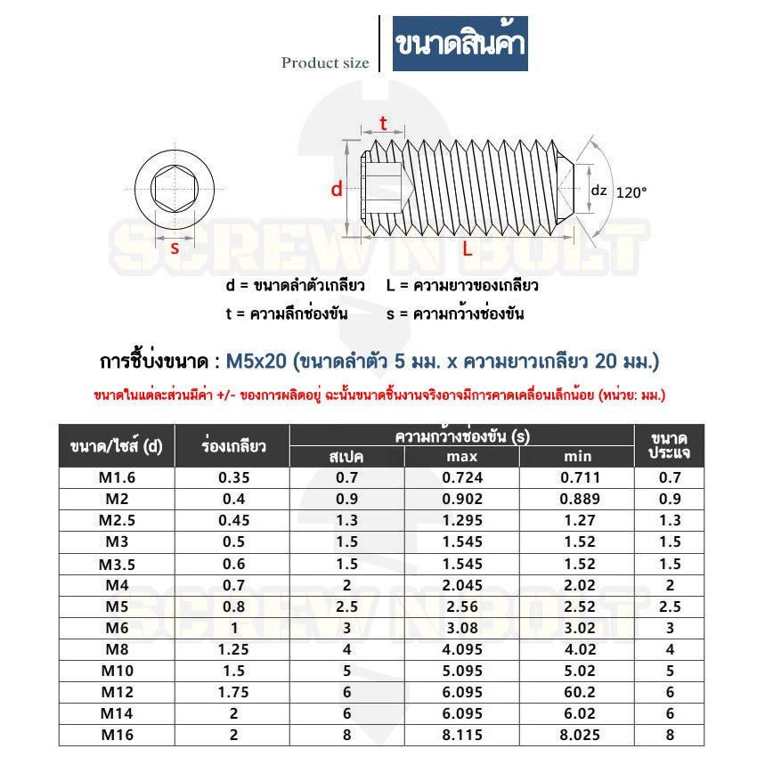 สกรู ตัวหนอน หกเหลี่ยม ปลายตัด สแตนเลส 304 เกลียวมิล หยาบ M10 / Hex Socket Set Screw w/ Cup Point M10