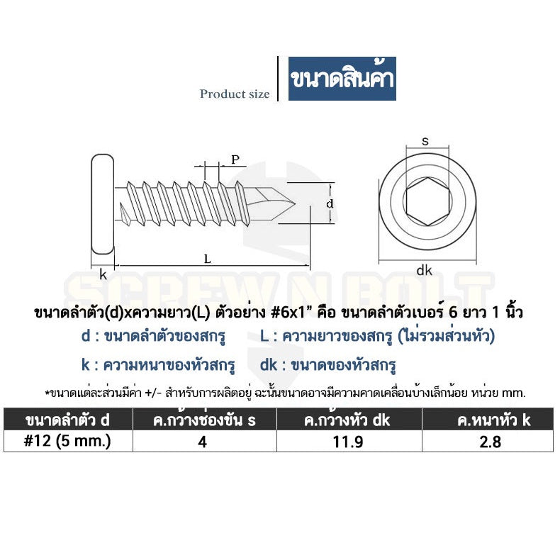 น็อต สกรู หัวกลมแบน หกเหลี่ยม สแตนเลส 410 ปลายสว่าน #12 #14 / Round Flat Head Hex Socket Drilling Screw SUS410 #12 #14