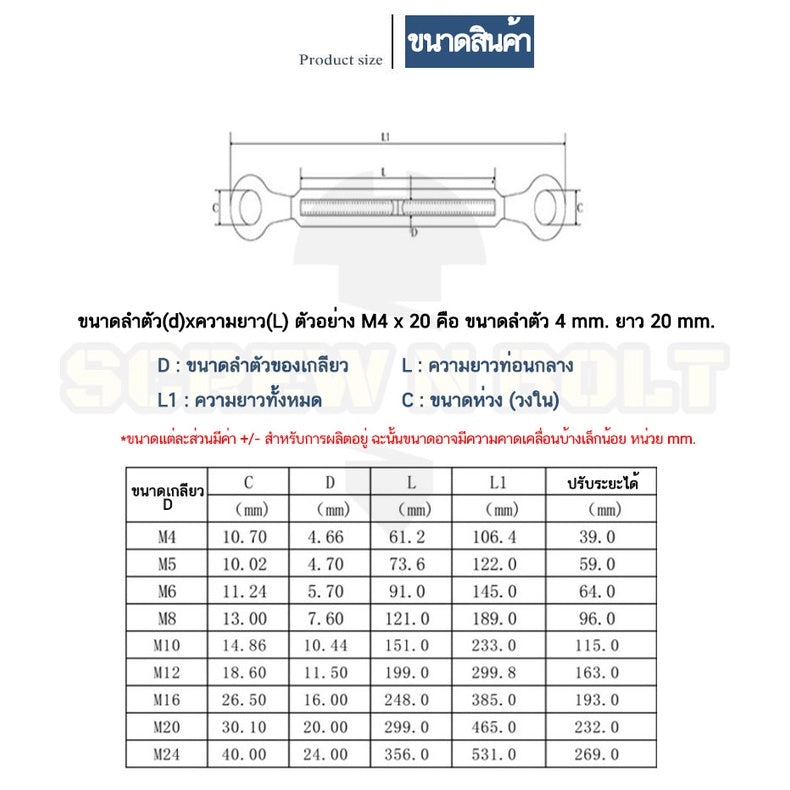 เกลียวเร่ง ยึด-ปรับระดับ สลิง โซ่ แบบ ห่วง-ห่วง สแตนเลส 304 - 5/32 3/16 1/4 5/16 / Turnbuckle Eye-Eye, SUS304