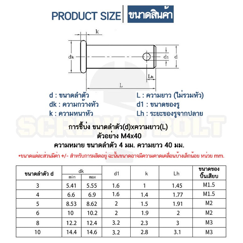 หมุดพิน ปิ๊น สลัก หัวกลมแบน สแตนเลส 304 แถมปิ้นเสียบ M10 M12 M14 / Clevis Pin w/ Cotter Pin SUS304 M10 M12 M14
