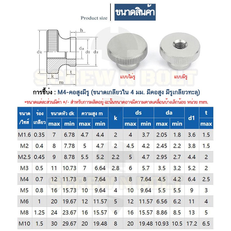 หัวน็อต ตัวเมีย ลูกบิด มือหมุน มีคอ สแตนเลส 304 เกลียวมิล หยาบ M2M2.5M3M4M5M6M8M10M12 / Knurled Thumb Nut SUS304