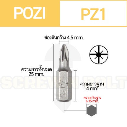 ดอกไขควง แม่เหล็ก โพซี่ ดาว 6.35(1/4") x 25 mm. เหล็กเกรด S2 PZ0 PZ1 PZ2 PZ3 / POZI Screwdriver Bit S2 Steel