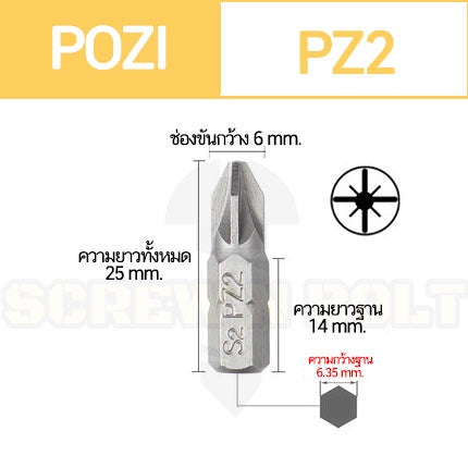 ดอกไขควง แม่เหล็ก โพซี่ ดาว 6.35(1/4") x 25 mm. เหล็กเกรด S2 PZ0 PZ1 PZ2 PZ3 / POZI Screwdriver Bit S2 Steel