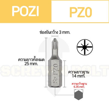 ดอกไขควง แม่เหล็ก โพซี่ ดาว 6.35(1/4") x 25 mm. เหล็กเกรด S2 PZ0 PZ1 PZ2 PZ3 / POZI Screwdriver Bit S2 Steel