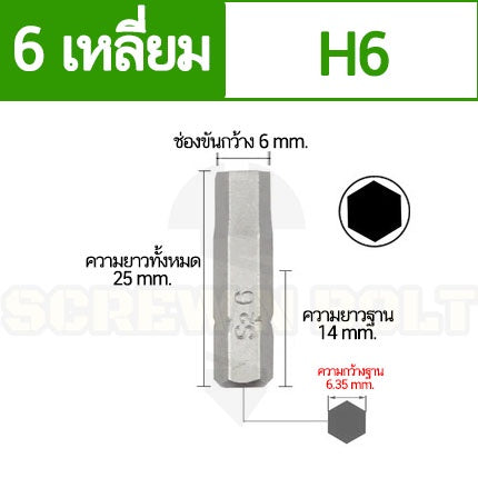 ดอกไขควง แม่เหล็ก 6 หกเหลี่ยม 6.35(1/4") x 25 mm. เหล็กเกรด S2 H2 H2.5 H3 H3.5 H4 H5 H6 / Hex Screwdriver Bit S2 Steel