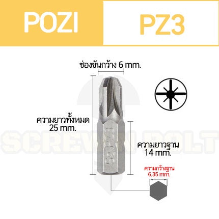 ดอกไขควง แม่เหล็ก โพซี่ ดาว 6.35(1/4") x 25 mm. เหล็กเกรด S2 PZ0 PZ1 PZ2 PZ3 / POZI Screwdriver Bit S2 Steel