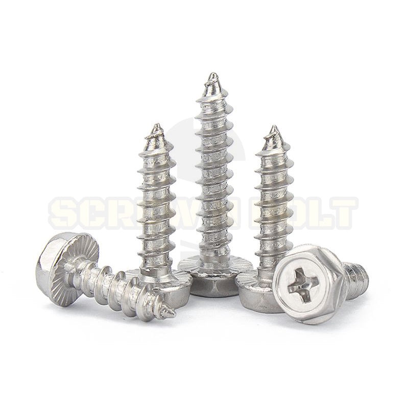 สกรู น็อต หัวหกเหลี่ยมติดแหวน ติดจาน แฉก มีลาย สแตนเลส 304 เกลียวปล่อย M3M4M5M6 / Hex Washer Phil Serration Tapping