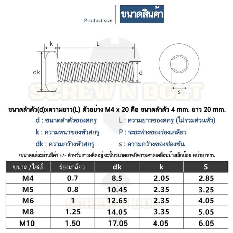 น็อต สกรู หัวจมแบน หัวกลมแบน งานเฟอร์ฯ สแตนเลส 304 เกลียวมิล หยาบ M3 M4 M5 / Round Flat Hex Machine Screw SUS304