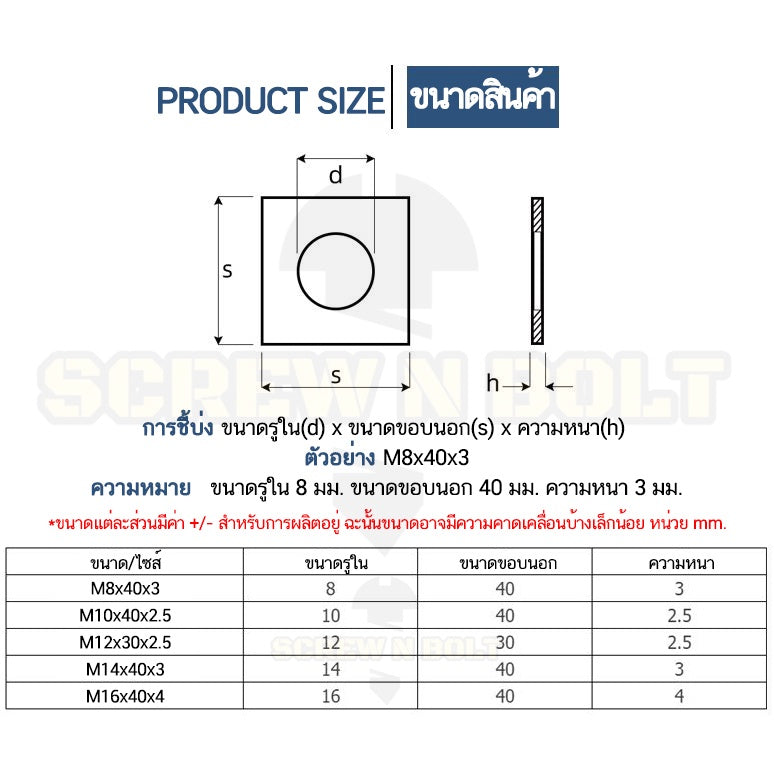 แหวนรอง 4 เหลี่ยม สี่เหลี่ยม ขอบมน สแตนเลส 304 - M3 M4 M5 M6 M8 / Square Washer SUS304