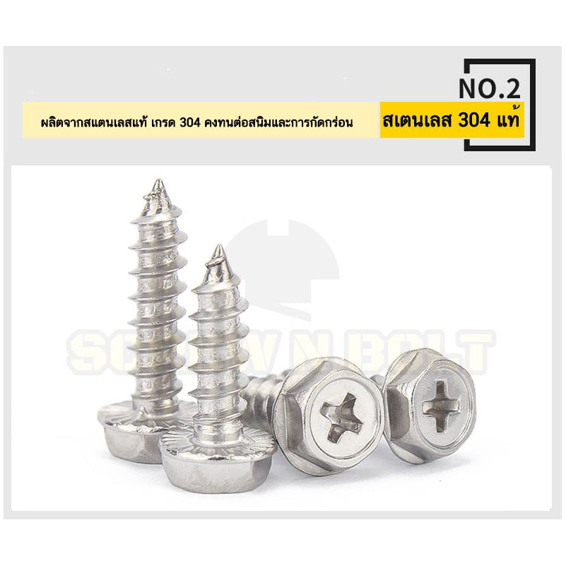 สกรู น็อต หัวหกเหลี่ยมติดแหวน ติดจาน แฉก มีลาย สแตนเลส 304 เกลียวปล่อย M3M4M5M6 / Hex Washer Phil Serration Tapping