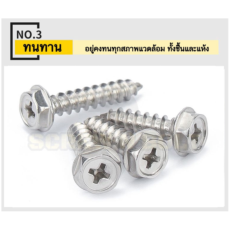 สกรู น็อต หัวหกเหลี่ยมติดแหวน ติดจาน แฉก มีลาย สแตนเลส 304 เกลียวปล่อย M3M4M5M6 / Hex Washer Phil Serration Tapping