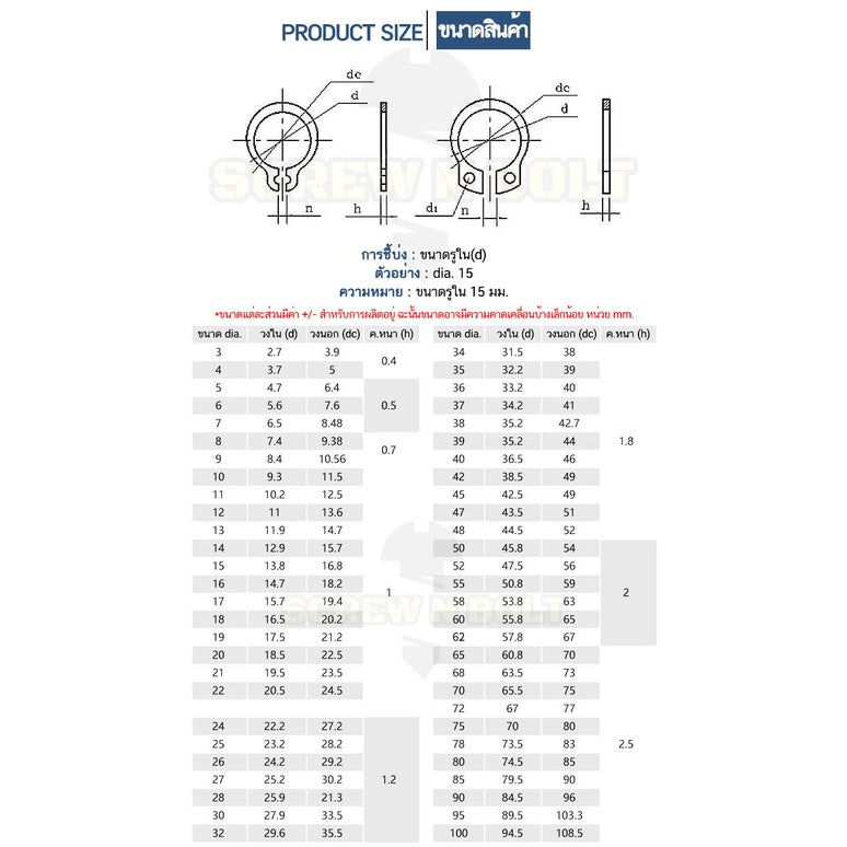 แหวนล็อค นอก ตัว C รัดเพลา สแตนเลส 304 - dia 110 - 150 mm. / External Retaining Snap Ring SUS304